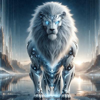 Primary subject: A lion with blue eyes.
Setting/background: A futuristic city with a blue sky.
Visual style: Digital art.
Colors and mood: Blue and white, with a sense of power and strength.